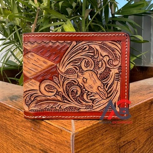 Factory Wholesale Fashion Hand <b>Tooled</b> <b>Leather</b> Bifold Wallet for Men Bull <b>Tooling</b> Short Purse Wallet Genuine <b>Leather</b> Card Wallets - Product Image 1