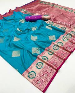 ชุดส่าหรีผ้าไหม Banarasi ดีไซน์เนอร์ที่สวยงามพร้อมด้วยเสื้อไหมนุ่มสวยงามสำหรับงานแต่งงานและงานปาร์ตี้ - Product Image 2