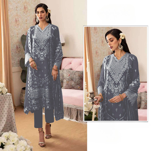 Material de vestido de seda de estilo étnico pakistaní con bordado y patrón pintado a mano y a cuadros para adultos Dupatta - Product Image 3