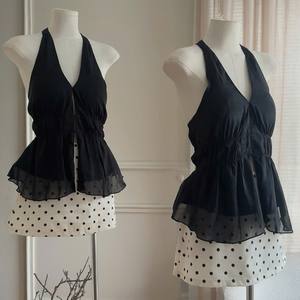 Ensemble de camisole noire sans manches et jupe à pois de haute qualité, style doux, tenue de mode pour femmes, vente en gros - Product Image 2