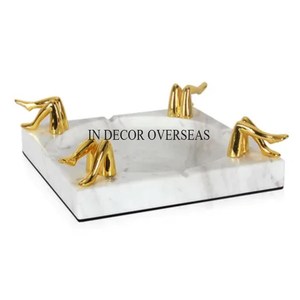 Cendrier de forme carrée en marbre avec support en métal plaqué or de haute qualité et feuilles Accessoires de fumeur design - Product Image 3