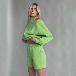 High Quality Cotton Women's Pullover Hoodie with Hooded Collar <b>Shorts</b> <b>Set</b> Custom Logo Two Piece Casual Tracksuit Drop Shoulder - Product Image 1