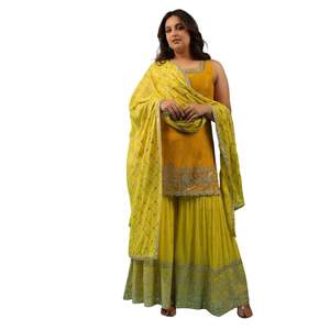 Costume Sharara Chinon jaune chromé avec broderie pour femme réception de mariage et tenues indiennes traditionnelles - Product Image 4