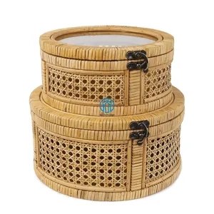 빈티지 등나무 지팡이 라운드 박스 2 개 세트 등나무 나무 상자 베트남에서 만든 독특한 등나무 짠 선물 상자