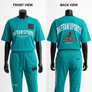 ชุดเสื้อยืดและกางเกงจ็อกเกอร์ผ้าคอตตอนเทอร์รี่พรีเมียม 240 GSM สีเขียวอมฟ้า เนื้อผ้านุ่ม พิมพ์ลายสกรีน ป้ายยางโลโก้ ชุดสำหรับผู้หญิง - Product Image 6