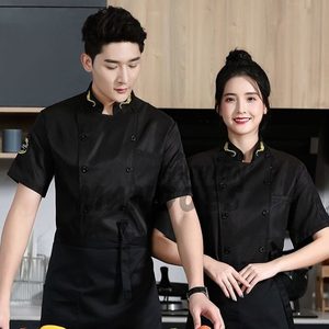 Veste de chef bleue à manches courtes de qualité supérieure, personnalisable, uniforme de restaurant pour hommes, design à double boutonnage, toile 100% - Product Image 5