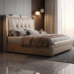 Letto matrimoniale moderno di lusso a basso profilo con struttura KD salvaspazio e contenitore, per camera da letto principale, con luci LED touch. - Product Image 2