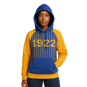 เสื้อฮู้ดแบบสวมหัวมีฮู้ด Sigma Rho สีฟ้า Raglan pinstripes สีทอง1922ปี Sigma sorority pinstripes sgrho sorority APPAREL Divine hbcu - Product Image 1