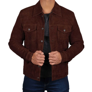 Chaquetas de cuero de ante marrón de alta calidad con botones Chaqueta de poliéster forrada de manga larga Vintage para hombres - Product Image 3