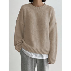 Pull ample à col rond et épaules tombantes pour femme, bleu marine, tricoté, manches longues, tenue décontractée - Product Image 6