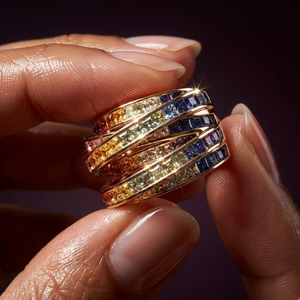 Bague unique en or rose massif 18 carats, saphir arc-en-ciel taille princesse, multi-bandes croisées, sertie en canal, pour soirée de luxe - Product Image 3