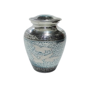 High Quality Brass Urn with Green <b>Stone</b> Finish Aluminum & Silver Floral Engraving Keepsake for Human Ashes Funeral Supplies - Product Image 3