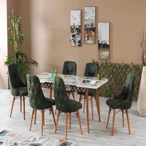 Table à manger avec plateau en verre trempé, 6 chaises, pieds en métal extensibles durables, construction en aggloméré, design moderne pour la maison et les restaurants - Product Image 1