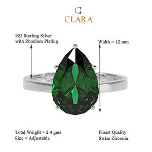 CLARA 925 Sterling <b>Silver</b> Dark Green Tear Drop <b>Ring</b> with <b>Adjustable</b> Band Rhodium Plated Pear for Swiss Zirconia Gift for Women - Product Image 5
