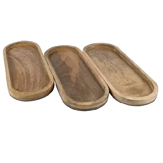 Mango wood Oval Wooden Tea Tray Serving Table Plate Snacks Food Storage Dish for Hotel Home Serving Tray Set of 3