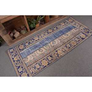 Blue Beige Vintage Turkish Wool <b>Rug</b> 26 X 62ft Handmade Boho Patchwork Design for <b>Bedroom</b> Rectangular Hallway Latex for Bedside - Product Image 5