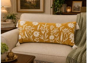 Handcrafted Eco-Friendly Mustard Wildflower Embroidered Cotton Lumbar <b>Pillow</b> Cover Decorative <b>Long</b> Accent Cushion <b>Case</b> Tassels - Product Image 2