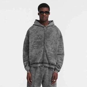 Sudadera con capucha de gran tamaño con lavado ácido y doble cremallera para hombre, Sudadera con capucha de Color degradado, ropa de calle Vintage de algodón de lana pesada - Product Image 2