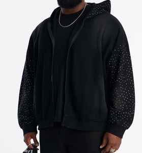 Sudadera con Capucha para Hombre, 100% Algodón, con Pedrería, Lavado Ácido, Talla Grande, Cierre Completo, Personalizada, Gruesa, con Hombros Caídos - Product Image 3