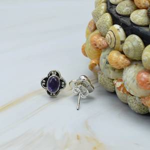 Février pierre de naissance bijoux 925 argent Sterling naturel violet améthyste pierre précieuse forme ovale classique boucles d'oreilles femme fille - Product Image 3