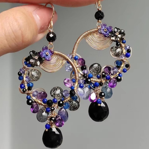 Natural Black Stone Spinel Gemstone <b>Earrings</b> 14K Rose Gold Plated & <b>Silver</b> Wire Handmade Statement Jewelry Unique Gift for Her - Product Image 1