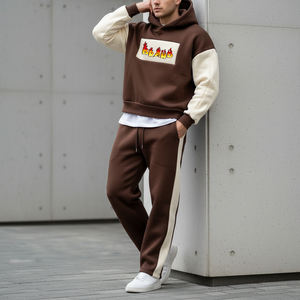 2025 New Arrived Streetwear 100% Cotton 400Gsm Pullover Men's Sweatsuit Fashionable Oversized 2 Piece Color Block Tracksuit - Product Image 1