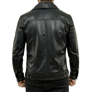 Blouson de motard en cuir de vachette véritable pour homme, col rabattu, simple boutonnage, noir uni, coupe classique, style moto, pour l'automne - Product Image 4