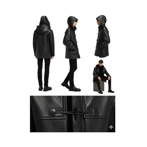 For Hooded <b>Toggle</b>-Fastening Duffle Leather Jacket - Product Image 2