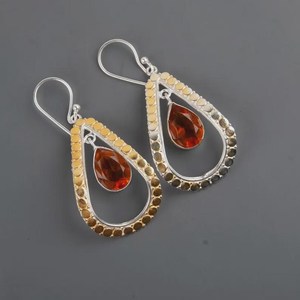 Citrine Dangle Earrings Two Tone Sterling Silver Gemstone Jewelry Elegant Gift For Women Boho Design - Product Image 2