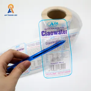 Etiquetas de embalaje, pegatinas para bebidas, agua de manantial ionizada alcalina fresca, calcomanía transparente, etiqueta impermeable, fábrica OEM/ODM de Vie