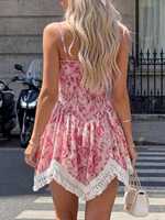 Robe bustier mini à imprimé floral pour femme, style corset sans bretelles, ourlet à franges, idéale pour les vacances, vente en gros et personnalisation