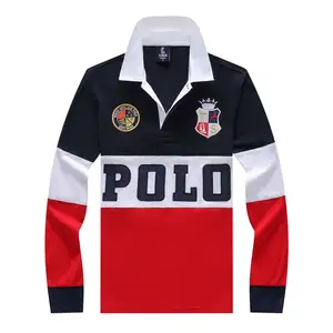 Bütün 2023 özel logo yüksek kalite moda uzun kollu polo t-shirt yaka rugby çizgili polo tişört adam için