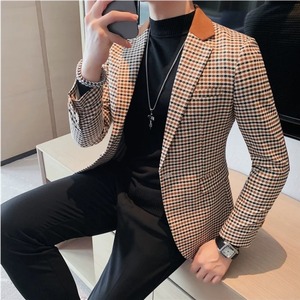 2024 Otoño Invierno trajes de hombre coreano pata de gallo Plaid Blazer chaquetas con diseño de solapa Color a juego Casual abrigo esmoquin - Product Image 4