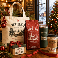 Coffret cadeau de Noël personnalisé AT PACK avec sacs à café, tasses, gobelets, sacs fourre-tout, boîtes et fournitures de café de marque pour les fêtes