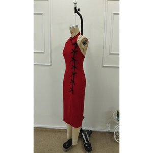 Vestido midi de crepé importado con un solo hombro descubierto, detalle de lazo y abertura frontal para mujer, 35008 - Rojo - Product Image 5
