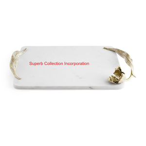 Plateau de service de luxe en marbre blanc Poignées élégantes en plumes d'or Plateau rectangulaire décoratif pour la décoration intérieure en prix de grossiste - Product Image 5