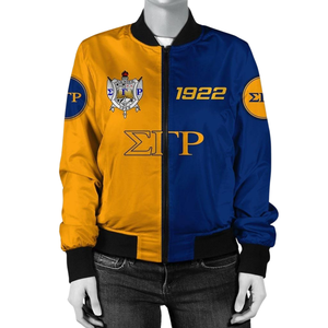 Chaqueta Universitaria Azul y Dorada de Satén Griego SGRho Sigma Gamma Rho 1922, Ropa Femenina de Hermandad - Product Image 1