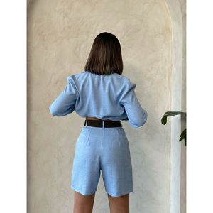 TOPSHOW Women's Blue <b>Belted</b> Wholesale <b>Shorts</b> - Product Image 1