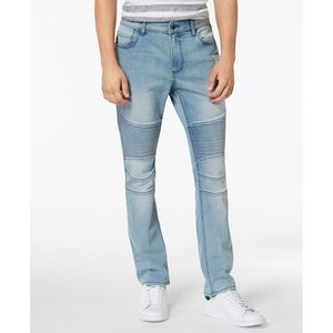 กางเกงยีนส์ทรงสลิมฟิตผ้ายืดแบบขาดๆ สไตล์โมโต ยี่ห้ออเมริกันแร็ก สำหรับผู้ชาย เอวสูง สีน้ำเงิน ไซส์ 31x32 ผ้าเดนิมถัก ทรงตรงแบบดินสอ มีสีสัน - Product Image 1