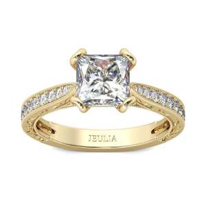 Jeulia Gold Tone Milgrain Princess Cut Diamond Sterling Silver Ring - Product Image 1