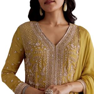 Traje Kurta Palazzo bordado Chinon amarillo con Dupatta para fiesta de boda Recepción festiva Celebraciones culturales tradicionales - Product Image 5