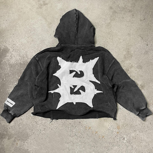 Streetwear pour hommes, sweats à capuche en coton mélangé à l'ourlet brut, vintage, lavé à l'acide, avec patch brodé - Product Image 3