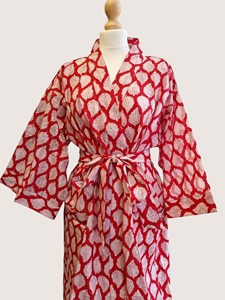 Bata Larga de Mujer con Estampado de Hojas Rojas, Manga Tres Cuartos, Cuello Mandarín, 100% Algodón Suave, Estilo Casual de Primavera con Cordón Ajustable - Product Image 1