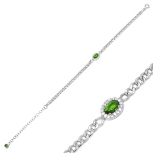 Emerald CZ Stone Oval Shape <b>Charm</b> Gourmet Chain Wholesale Handmade 925 Sterling <b>Silver</b> Jewelry <b>Charm</b> Bracelet - Product Image 4
