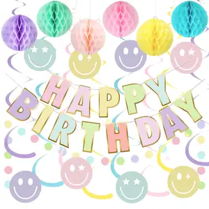 Pancarta de Feliz Cumpleaños con Sonrisas de Panal Colgando Remolino Streamer Círculo Punto Guirnalda Decoraciones Pastel Cumpleaños Decoraciones