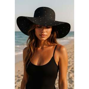 Chapeau de paille naturel noir à large bord avec embellissements en pierre, design élégant, idéal pour la protection solaire HSR2085 - black2085 - Product Image 3