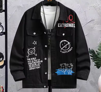 Veste en jean noire pour homme, couleur unie, coton délavé, plusieurs poches, fermeture à boutons-pression, logo personnalisé OEM