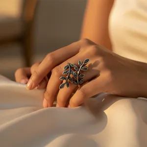 "Rectangle Rhodium-Plated 925 Silver Leaf <b>Ring</b> with <b>Turquoise</b> Gemstones for Women's Fine Jewelry Gift" - Product Image 2