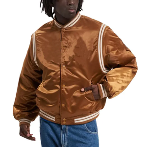 Chaqueta de béisbol de satén con cuello levantado acanalado de alta calidad para hombre, chaqueta de invierno de lona con acabado liso y logotipo personalizado - Product Image 3