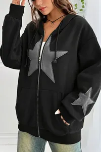 Oversized <b>Plus</b> <b>Size</b> Women's Hooded Fleece Waterproof Sweatshirt Gold Star Applique Front Sleeve Design Autumn Eco-Friendly - Product Image 4